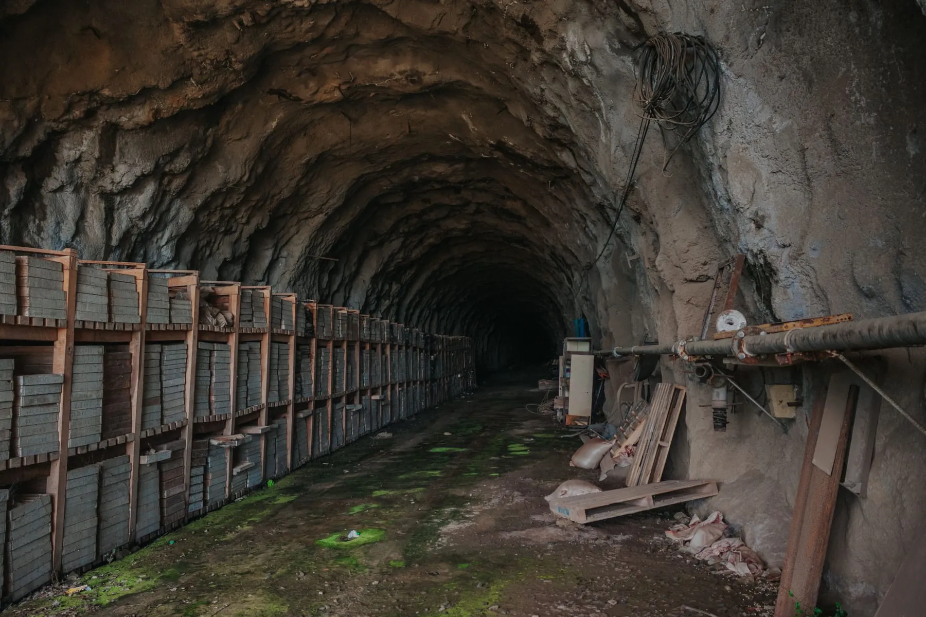 A long archive tunnel lined with shelving, disappearing into the dark.